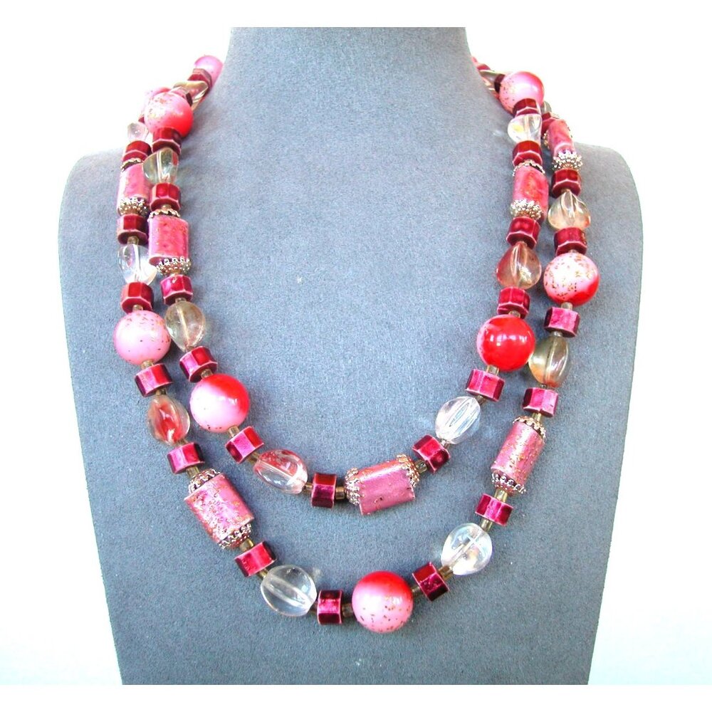 Vintage Pink & Red Beaded Double Strand Necklace 16" & 18"